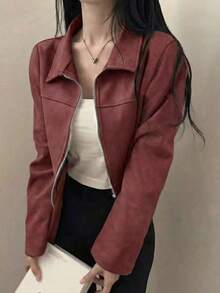 女款人造麂皮領純色拉鍊夾克，適合日常、學校、機場穿著，春秋長袖紅色秋季款 - 紅色 - 查看 5