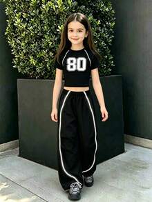 Teen Girl Numeric Print Short Sleeve T-Shirt And Pants Set - Black - View 1