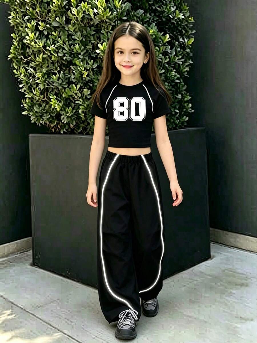 Teen Girl Numeric Print Short Sleeve T-Shirt And Pants Set - Black - View 1