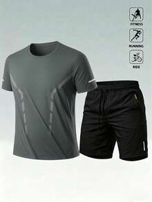 Men's Summer Casual Outdoor Sports Running Workout Quick-Dry Top And Shorts Set - Dark Grey - View 1