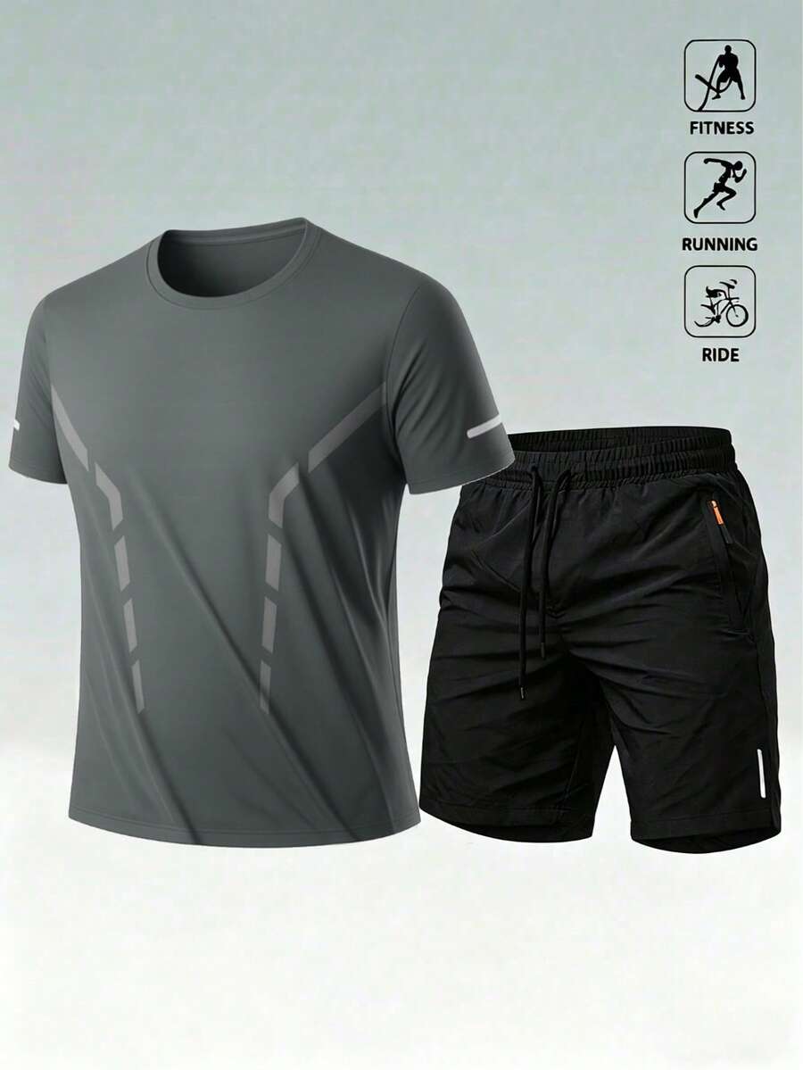 Men's Summer Casual Outdoor Sports Running Workout Quick-Dry Top And Shorts Set - Dark Grey - View 1