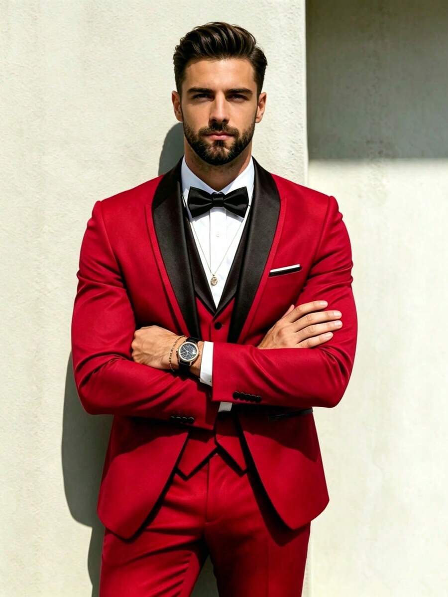3pcs/Set Men's Spring Quality Business Suit, Valentine's Day Gift, Solid Color Groom Wedding Formal Wear, Slim Fit Casual Jacket Vest Pants