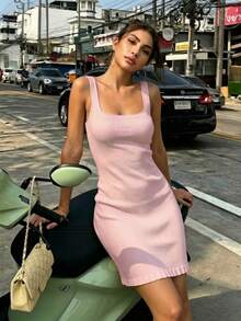 1 pieza Vestido de punto de verano para mujer con cuello cuadrado y ajustado, diseño de volante en el bajo, vestido elegante adecuado para verano, vacaciones, playa, calle, diario, fiesta, oficina, salida, Día de San Valentín, color rosa - Rosa - Ver 1