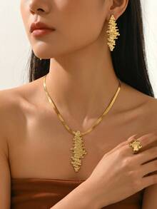 3pcs Women's Jewelry Set, Vintage Style Snake Chain Necklace, Long Textured Earrings, Open Asymmetrical Ring, Hammered Texture Design, Daily, Party, Middle Eastern Style, Wedding Season, Niche Artistic Texture, Light Luxury Elegant Accessories - Golden - View 5
