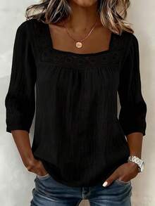 2026 New Summer Solid Color Casual Square Neck Lace Trim Three-Quarter Cotton-Linen Short Sleeve Top For Women - Red - View 10