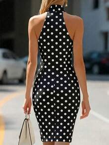 Women's Elegant Polka Dot Zipper Shoulder Dress, Suitable For Party And Dating In Summer Vacation - Black - View 3