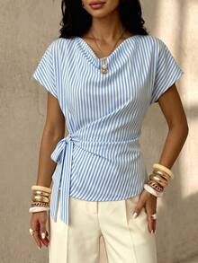 Buzzelle 1pc Striped Polyester Asymmetric/Asymmetrical Front Tie Bow Women's Blouse, Office Vacation Home Daily Summer - Baby Blue - View 3