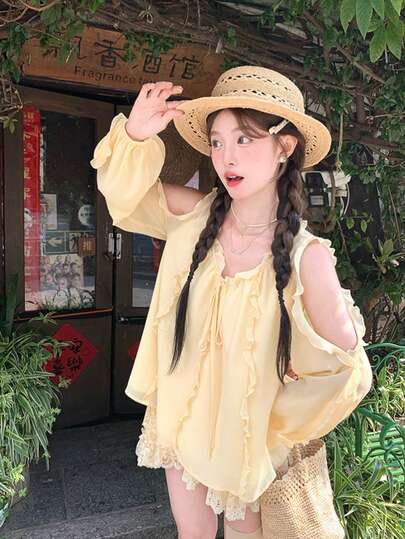 Summer Vacation Style Yellow Loose Fit Off-Shoulder Ruffle Blouse And A-Line Skirt 2-Piece Set For Women