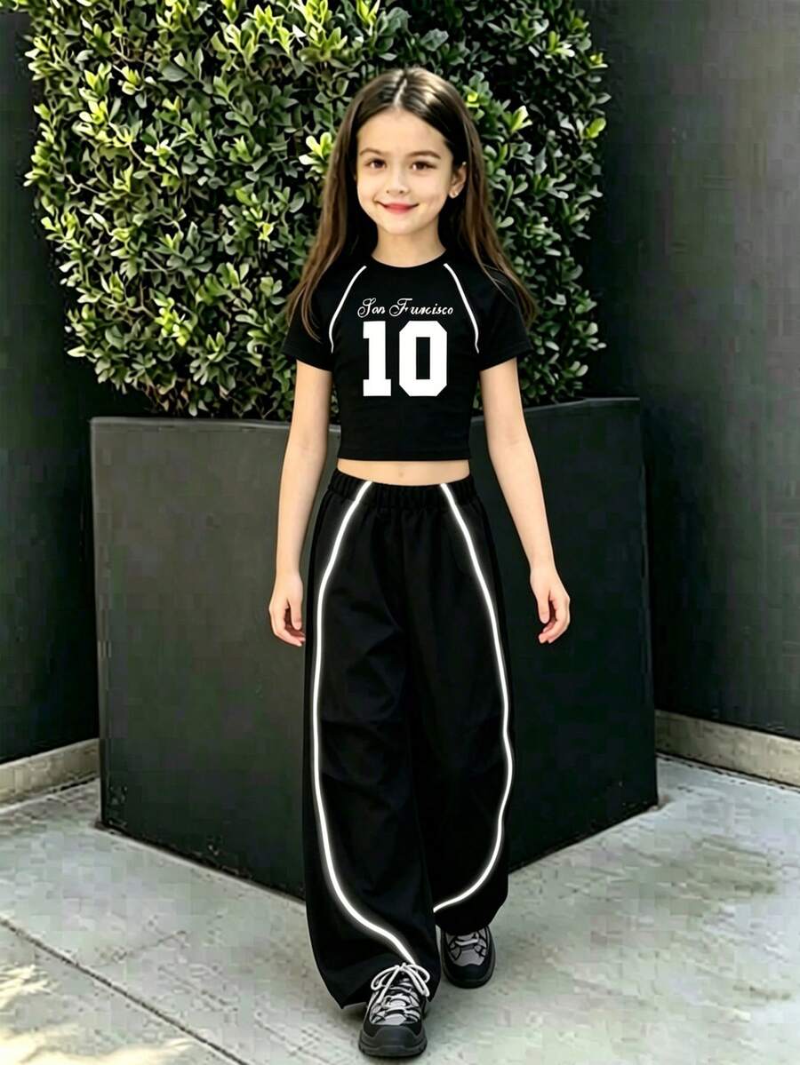 Youth Girl Cartoon Print Short Sleeve Top And Pants Set - Black - View 1
