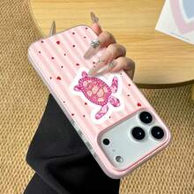 1 pièce Étui de téléphone en matériau TPU 2-en-1 avec motif rayé rose, cœur et tortue, compatible avec iPhone 17/17promax/17pro/Air/13/16promax/16/15/14/12promax/13promax/11pro/14pro/15pro/12, coque souple de protection à la mode, luxe premium - Multicolore - Voir 4