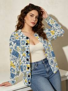 ASHKATIA Lemon Embossed Print Women's Plus-Size Vintage Cardigan Sweater, Fall Winter Knit For Social Occasions - Multicolor - View 5