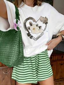 Minimalist Ink Wash Heart Flower Graphic T-Shirt, 100% Cotton Oversized Soft Elegant Tee, Casual Crewneck Top For Coffee Dates & Young Women - 白色 - 查看 12