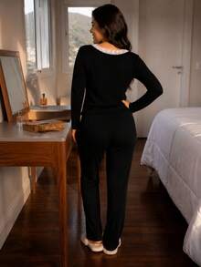 Women's Ribbed Winter Pajamas, Warm And Cool, Long Sleeves, Long Pants, Emilia - màu đen - Xem 5
