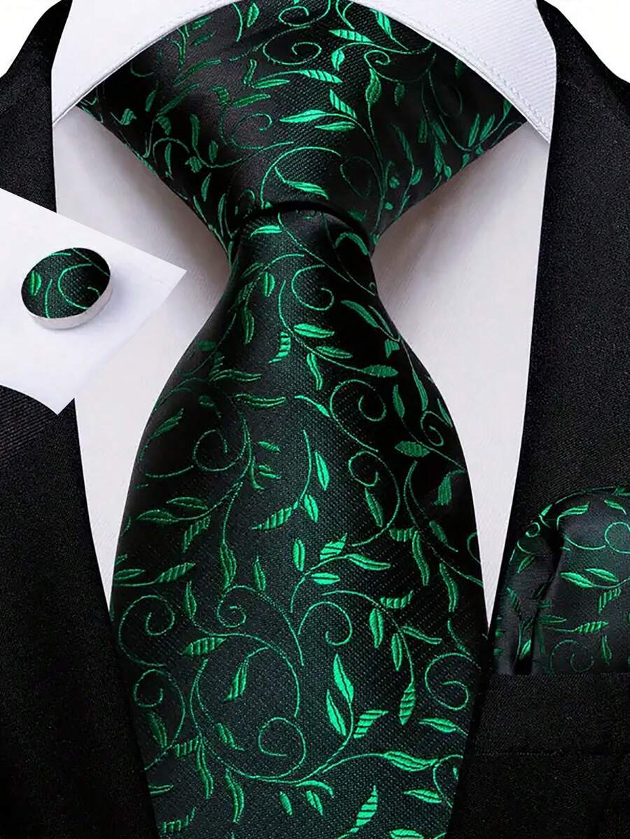 Juego de corbata para hombre, conjunto de corbata de moda clásica con gemelos para negocios y fiestas - Verde - Ver 1