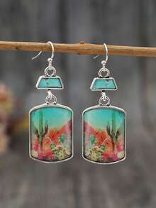 1 par de pendientes estilo vintage occidental retro con patrón de vaquero, placa cuadrada incrustada con turquesa falsa y efecto desgastado - Multicolor - Ver 7