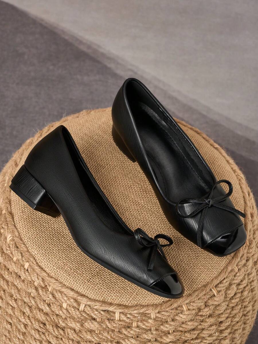 MonaNise Square Toe Low Block Heel Work Pumps - Black - View 1
