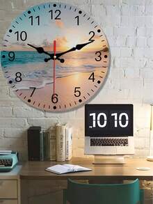 One Coastal Beach Sunset Wall Clock, Silent, Tick-Free, Wooden Round Decorative Clock With Sea View, Battery Powered (AA Batteries Not Included), Home Decor Gift, 12-Digit Display. - 1PC - 查看 3