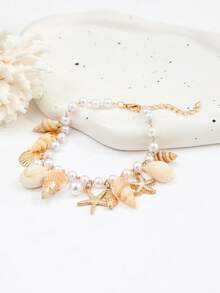 1 buah Gelang Kaki Manik-manik Bintang Laut, Kerang, dan Cangkang Keong Bohemian, Gelang Kaki Mutiara Imitasi untuk Liburan Pantai Musim Panas untuk Wanita - Emas - View 3