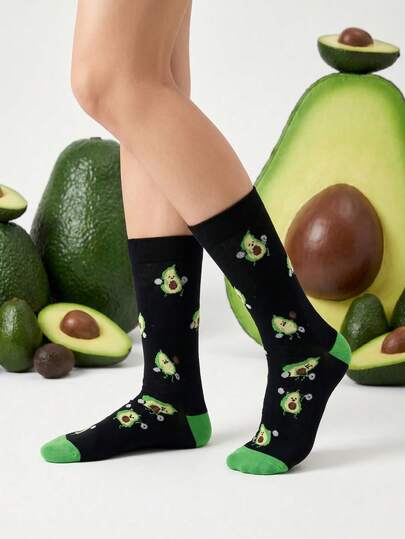 1 Pair Cartoon Avocado Print Socks, Comfortable Breathable Mid-Calf Socks, Unisex, Autumn Gift Socks