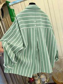 Women's Green & White Striped Loose Fit Shirt, Tie Back Design, Suitable For Commuting, Casual Wear, Beach, Vacation - Green and White Stripes - View 1