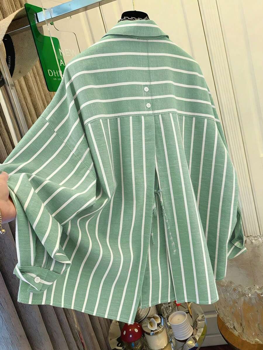 Women's Green & White Striped Loose Fit Shirt, Tie Back Design, Suitable For Commuting, Casual Wear, Beach, Vacation - Green and White Stripes - View 1