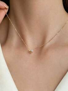 Shescity 1pc Heart-Shaped Rhinestone Necklace Minimalist Design Luxury Versatile Collarbone Chain For Women - Gold - View 4