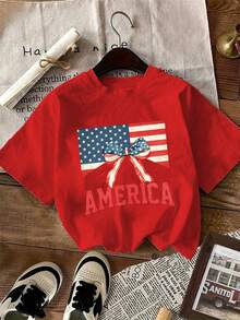 1 Pack Of Girls' Casual Printed Round Neck Short Sleeve T-Shirts, Summer Clothes For Young Students - Merah 4 - View 1