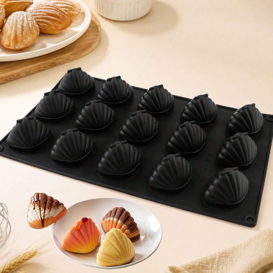 1 buah Cetakan Kue Silikon Berbentuk Cangkang Madeleine Hitam, 15 Rongga, Anti Lengket, Mudah Dilepas, Tahan Panas, Silikon, Cocok untuk Membuat Kue Berbentuk Cangkang, Cokelat, Dekorasi Kue, Es Batu, Sempurna untuk Hadiah Liburan, Kue Rumahan, Kue DIY untuk Pemula - Hitam - View 1