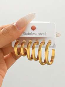6pcs/Set Women's Stainless Steel Geometric Design C-Shaped Hoop Earrings Set, Suitable For Daily Wear - 1622 - View 8