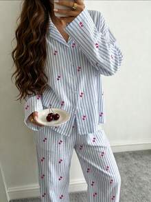 Nina Bonheur 2pcs Set Piyama Wanita Longgar Nyaman Bernapas Atasan Lengan Panjang dan Celana Panjang - Biru - View 2