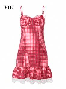 YIU Women's Red And White Plaid Lace Trim Cami Dress, Ruffle Mini Skirt Suitable For Beach Vacation, Sweet Style, New Spring/Summer Arrival - Red and White - View 8