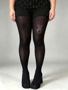 1 Pair Plus Size Black Sheer Pantyhose With Peace Sign Rhinestones, Sexy Shiny Hand Gesture Design, High Elasticity - Biye Black Hot Rhinestone - View 1