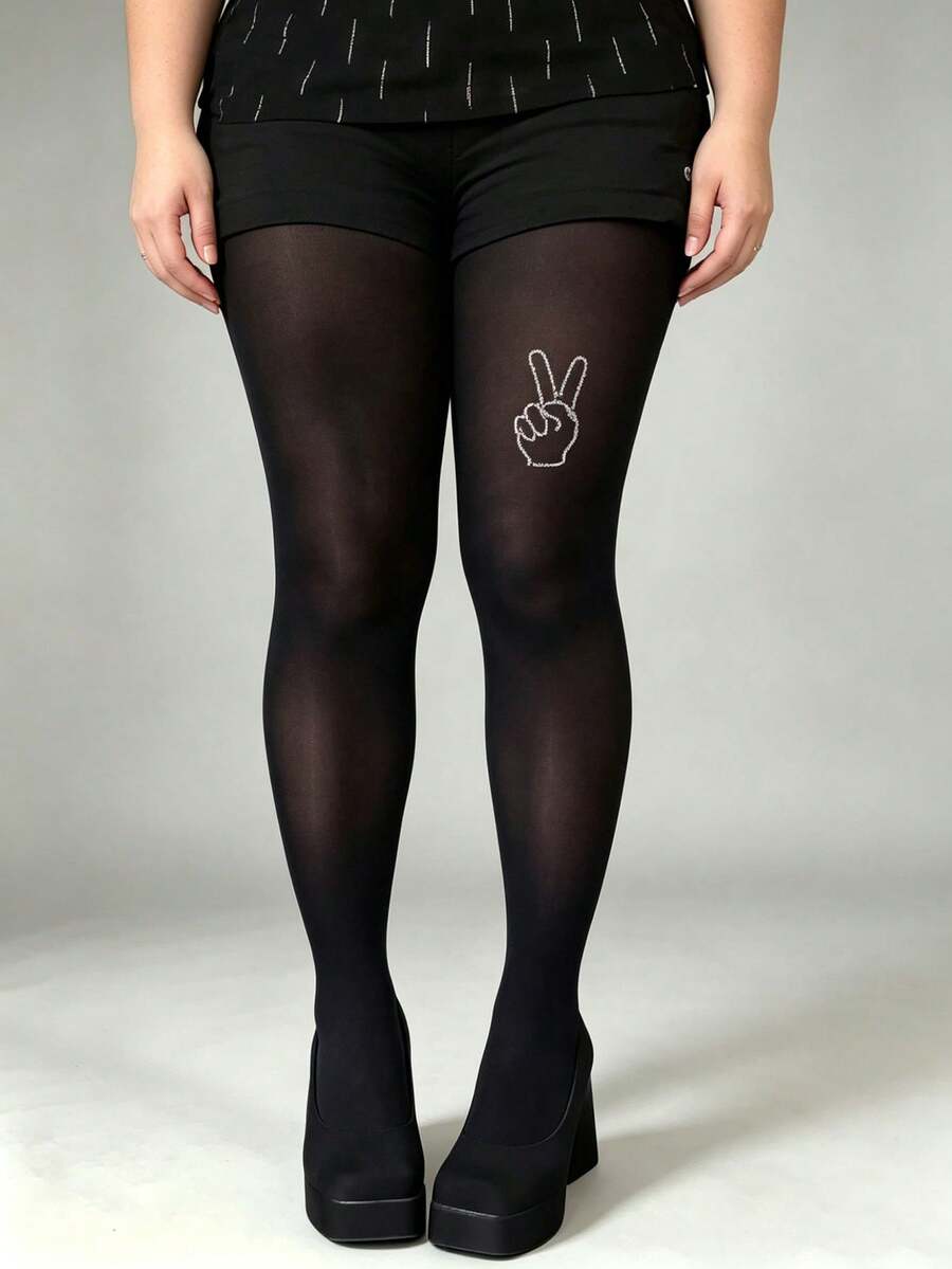 1 Pair Plus Size Black Sheer Pantyhose With Peace Sign Rhinestones, Sexy Shiny Hand Gesture Design, High Elasticity - Biye Black Hot Rhinestone - View 1