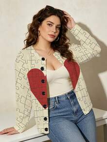 ASHKATIA Women's Plus-Size Vintage Cardigan Sweater, Fall Winter Knit For Social Occasions Heart Puzzle Pattern - Multicolor - View 14