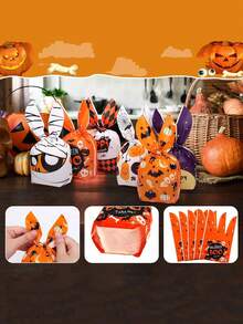 50pcs Halloween Rabbit Ear Shaped Plastic Gift Bags, Classic Pumpkin And Spider Web Print Storage Bags, Reusable Halloween Party Favor Bags, Holiday Table Decor, Carnival, Masquerade, Holiday Party Decoration Packaging Bags - Multicolor - View 7
