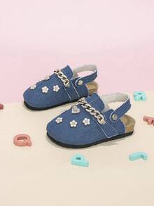 Zapatos tipo mule azules para niñas con cadena de strass y lazo de strass, hebilla decorativa 3D, espalda abierta y punta cerrada, adecuados para todas las estaciones - Azul - Ver 3