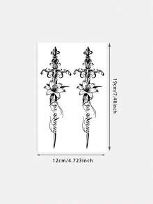 1pc Retro European-Style Floral Embossed Intertwined Lily Flower Pair Pattern Temporary Tattoo Sticker, With Realistic Tattoo Design, Suitable For Travel, Music Festivals, Games, Graduation Gifts, And For 3-5 Days. - Black - View 2