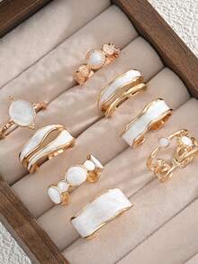 17KM Juego de 8/6 anillos apilables asimétricos con diseño de gota de aceite, corazón, estrella y luna, estilo Old Money, moda sencilla para mujer, hermanas, vacaciones de verano, citas, regalo, uso diario casual, fiesta y boda - Multicolor - Ver 5
