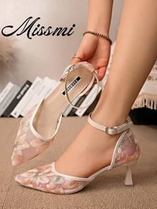 New Chinese Style White High Heel Mules, Pointed Toe Lace Embroidery Convertible Sandals For Women,Summer Shoes - Pink - View 1