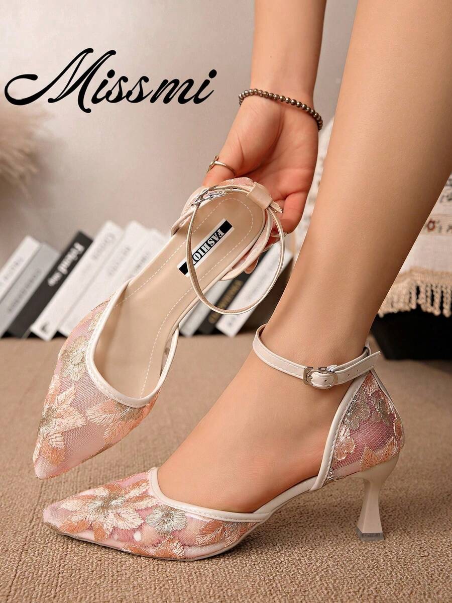 New Chinese Style White High Heel Mules, Pointed Toe Lace Embroidery Convertible Sandals For Women,Summer Shoes - Pink - View 1