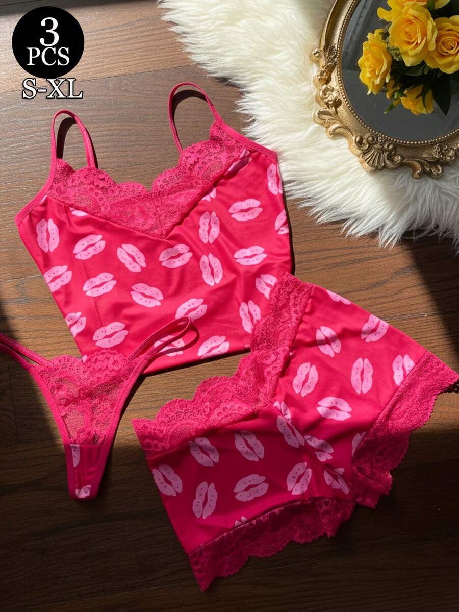 Sexy Lips Print Patchwork Rose Red Lace Deep V Neck Camisole With Bikini Panties And Thong 3 Pieces Loungewear Sleepwear Set - Hot Pink - View 1