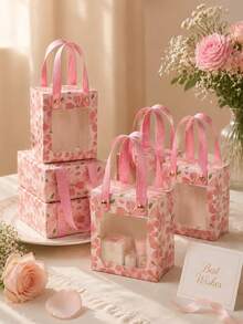 1/5/12pcs Pink Floral Transparent Window Gift Boxes, Birthday, Baby Shower, Wedding Party Favor Bags, Candy & Snack Packaging Set - Cherry Blossom Box - View 5