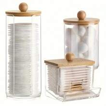 Tbestmax 10 Oz Cotton Swab/Ball/Pad Holder With Vanity Tray, Qtip Apothecary Jar, Bathroom Containers Dispenser Storage 3 Pack Wood Lids - 3件組(高罐) - 查看 1