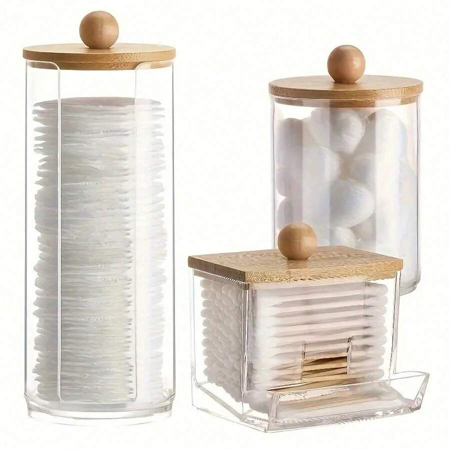 Tbestmax 10 Oz Cotton Swab/Ball/Pad Holder With Vanity Tray, Qtip Apothecary Jar, Bathroom Containers Dispenser Storage 3 Pack Wood Lids - 3件組(高罐) - 查看 1