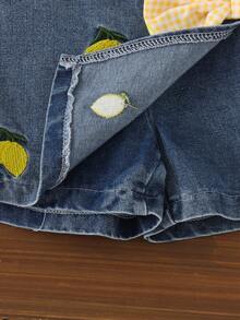 2pcs Young Girls Cute Casual Cherry Camisole Top & Embroidered Denim Skirt Set, Summer Vacation Style - Yellow - View 5
