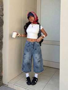 Summer American Retro Graffiti 7/8 Length Loose Fit High Waist Wide Leg Denim Shorts - Blue - View 2