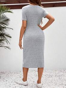 yonghongmaoyi1  Vestido de embarazo casual ajustado de cuello redondo y longitud media - Albaricoque - Ver 3