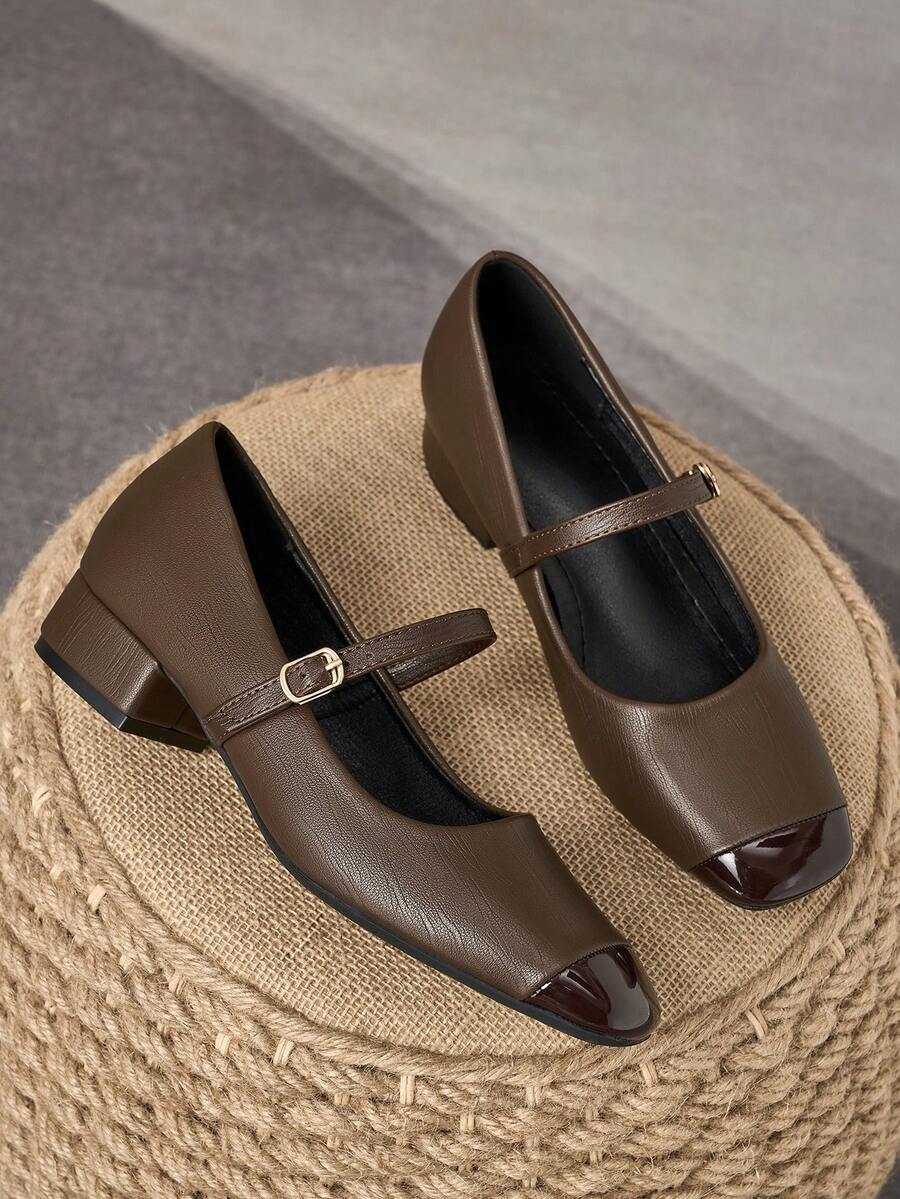 MonaNise Square Toe Low Block Heel Work Pumps - Brown - View 1