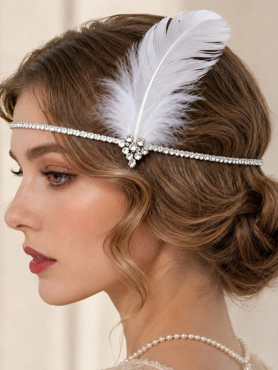 STONEFANS Vintage Feather Rhinestone Headband 1920s Hair Accessory Elegant Crystal Hairpiece For Women Party Wedding Prom,Headpiece - Silver - View 1