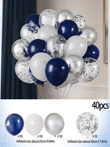 40pcs Party Balloon Set, Navy Blue White Metallic Silver Latex Balloons, 12 Inch Silver Foil Confetti Transparent Balloons, Suitable For Birthday Party, Baby Shower Decoration - Multicolor - View 5